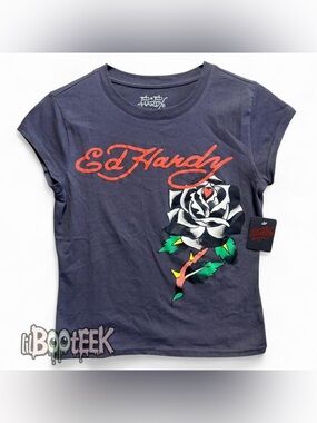 Ed Hardy Charcoal Tee with Red Logo and Multicolor Rose Graphic